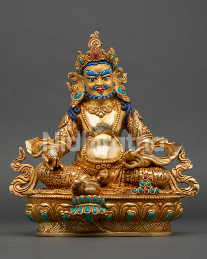 Front view of Dzambhala statue, handcrafted by Newari artisan from Patan, Nepal, premium copper 24K gold gilded, gold painted face, semi-precious stones
