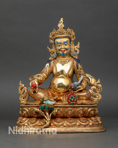 Front view of Dzambhala statue, handcrafted copper and 24K gold gilded artwork