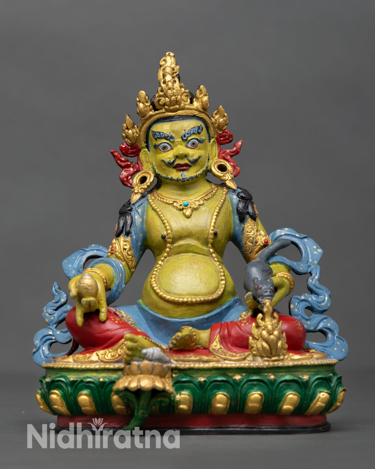 Front view Dzambhala statue seated on lotus pedestal in royal ease posture with copper and hand painted acrylic details 