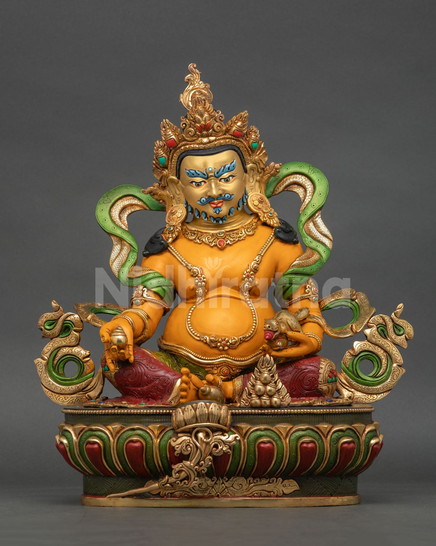 Front view of Dzambhala statue handmade in Nepal with pure copper construction gold-gilded face and semi precious stone decoration