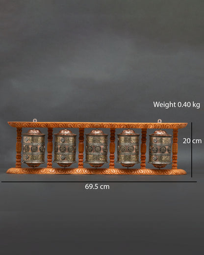 Front view of five prayer wheel set copper mantra spinner Nepalese Buddhist art