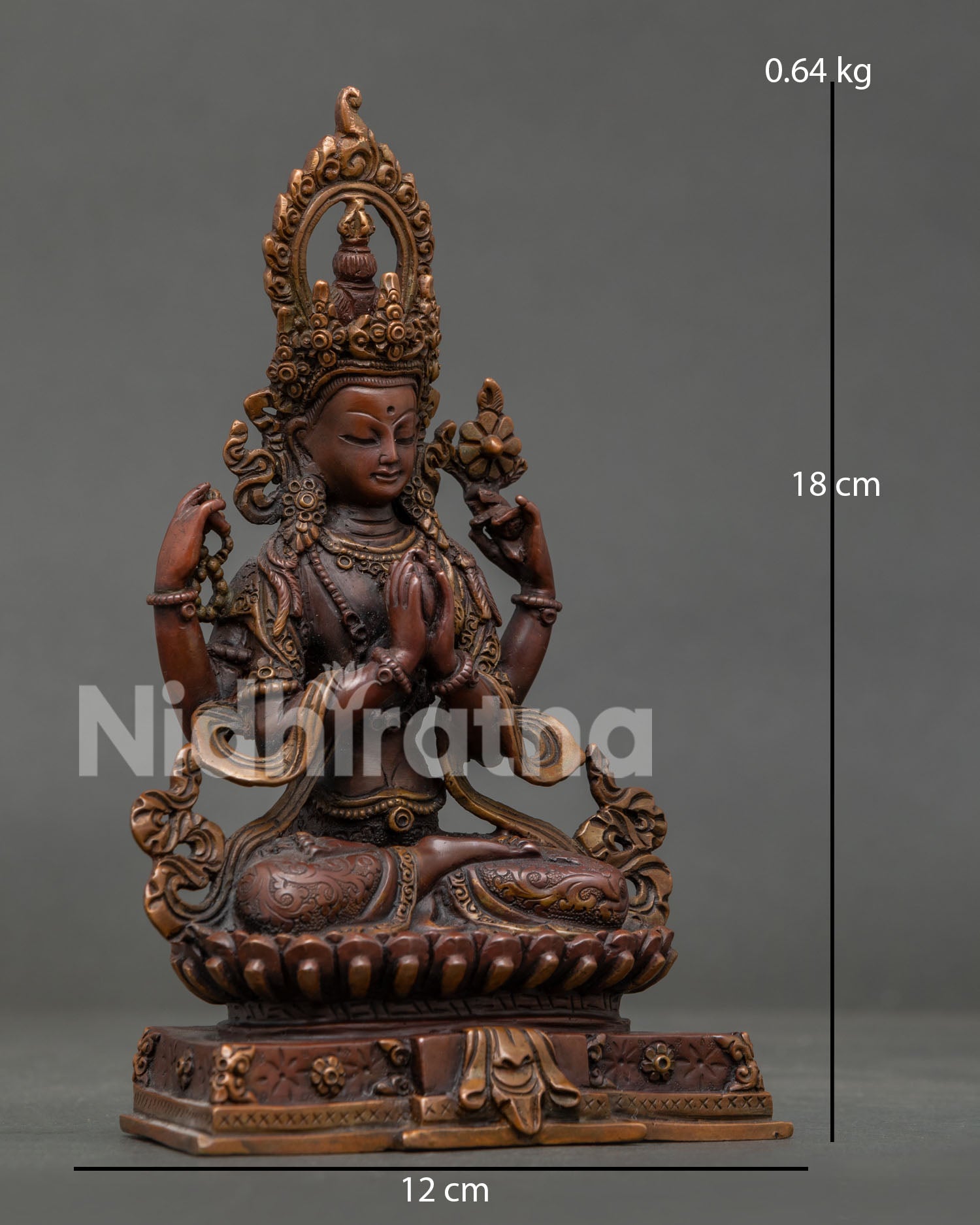 Front View Four Armed Chenrezig Statue Seated on Lotus Pedestal with Jewel.