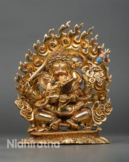 Front view of Four Armed Mahakala consort statue copper gold gilded finish lotus seat fierce halo, Nepal artisan Buddhist protector deity sculpture