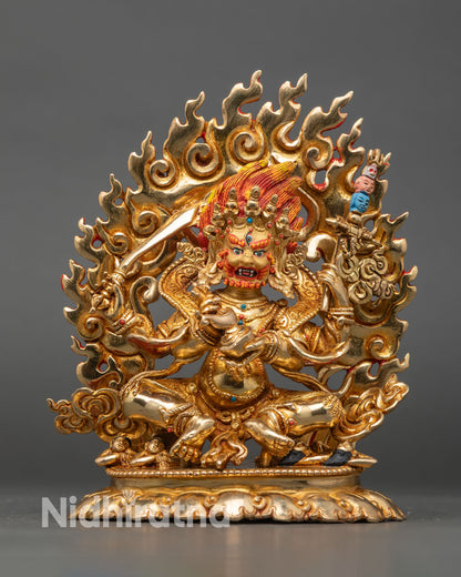 Front View of Four Armed Mahakala Statue Gold Gilded Tibetan Buddhist Sculpture