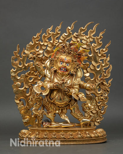 Front view of Four-Armed Vajrapani statue, handcrafted copper 24K gold gilded Buddhist protector deity
