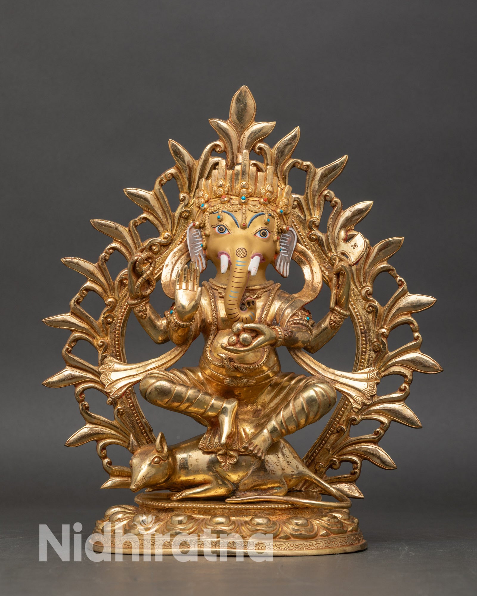 Front view of Ganesh statue copper 24K gold handcrafted Nepalese Hindu deity art
