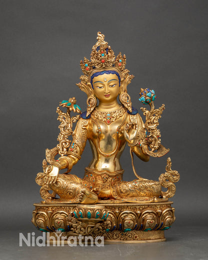 Front view Green Tara female Buddha statue, Nepalese copper with gold gilding