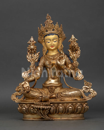 Front view of Green Tara statue, copper, 24K gold fire gilded, lotus pedestal, Newari craftsmanship, Nepal