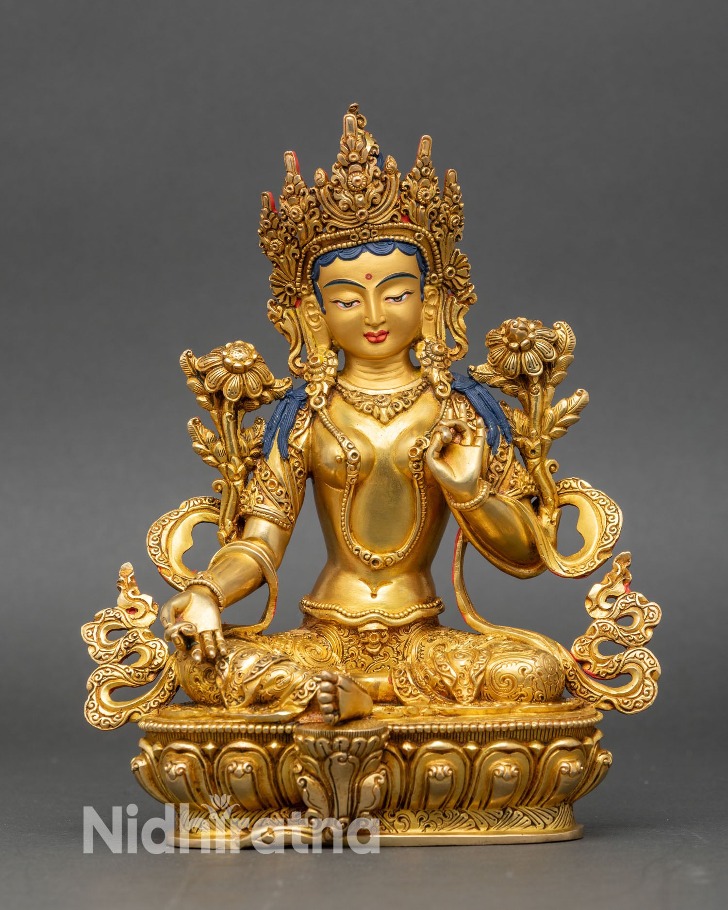 Front view Green Tara statue copper 24K gold handcrafted Patan Nepal