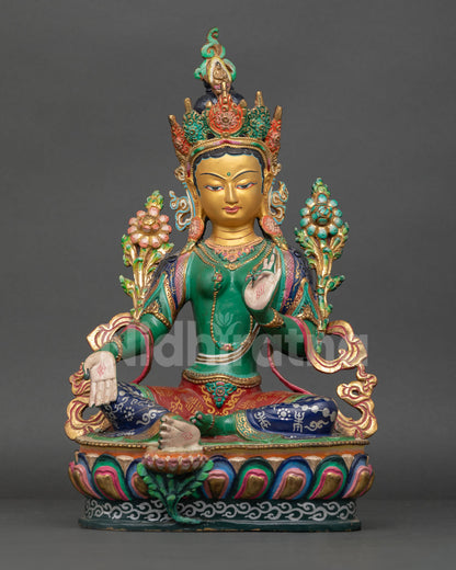 Front view Green Tara statue for meditation with 24K gold painted face and copper craftsmanship