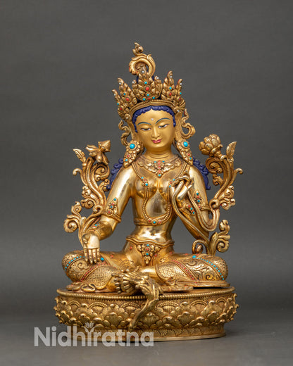 Front view Green Tara statue gold gilded copper lotus pedestal