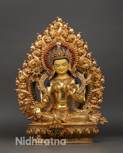Front view of Green Tara Statue, hand-carved copper and gold Nepalese art