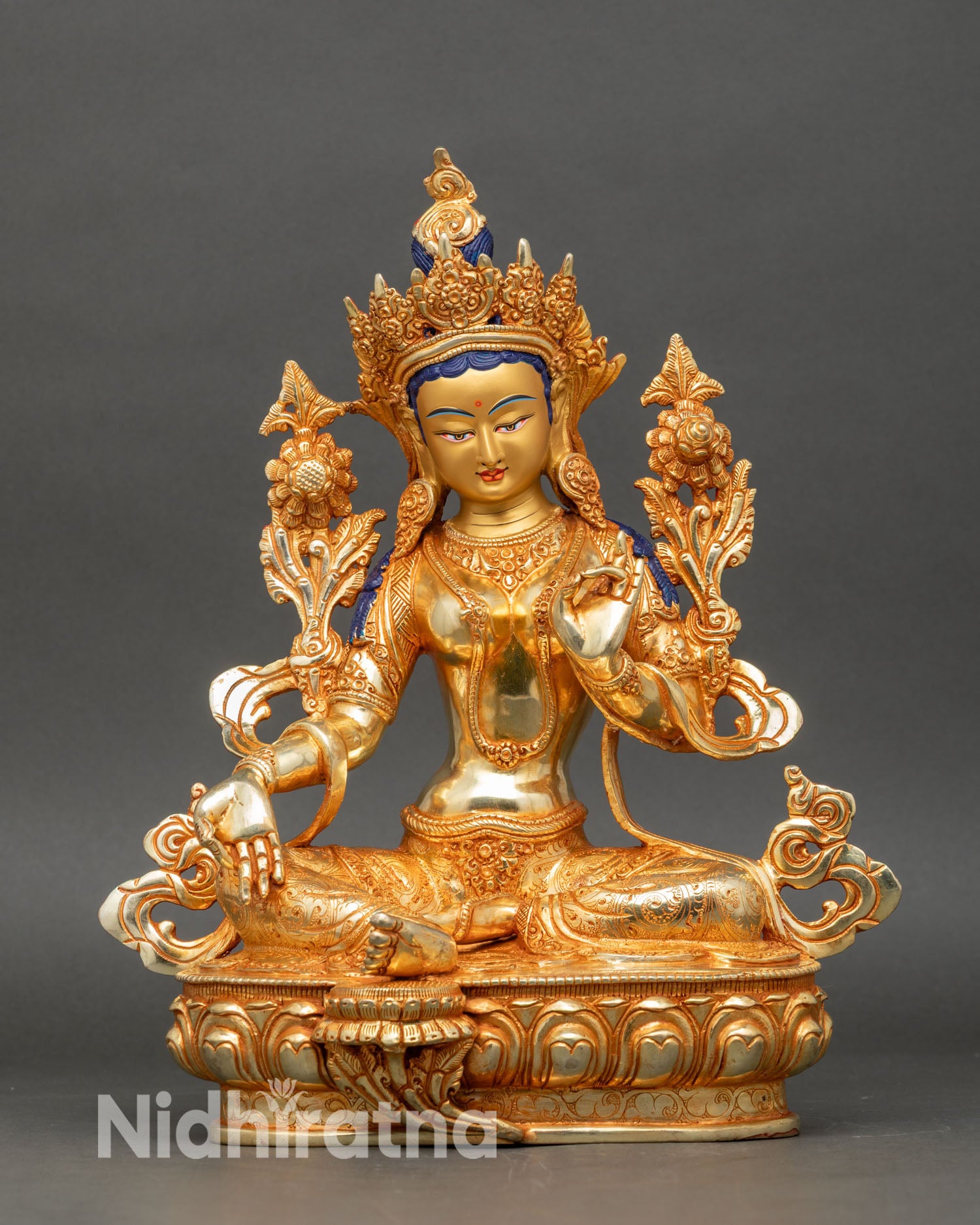 Front view Green Tara statue handcrafted copper gold gilded with semi precious stones