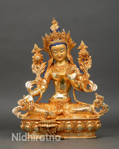 Front view Green Tara statue handcrafted copper gold gilded with semi precious stones