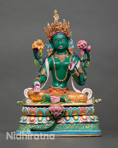 Front view of Green Tara, handcrafted copper sculpture, gold gilded finish, hand painted Nepalese Buddhist art 