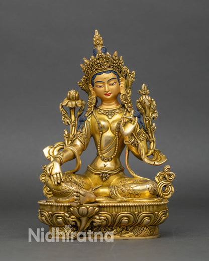 green tara statue handcrafted copper with 24k gold, seated on lotus throne