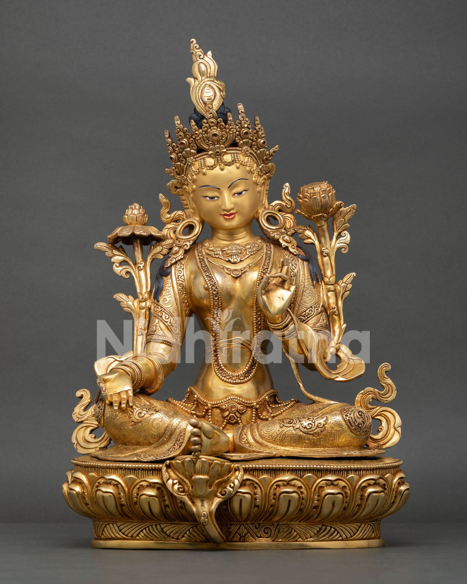Front view of Green Tara statue, handmade copper 24K gold gilded with gold painted face, Buddhist goddess