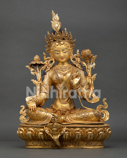 Front view of Green Tara statue, handmade copper 24K gold gilded with gold painted face, Buddhist goddess