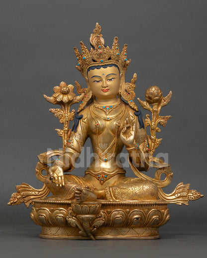 Front view of Green Tara Statue handmade by a Newari artist from Nepal, copper, 24k gold gilded, semi-precious stones