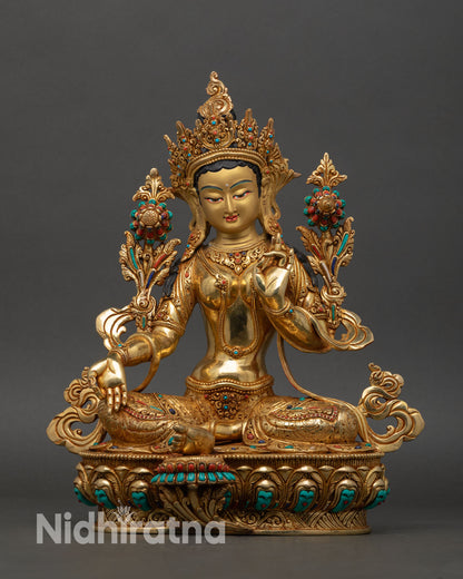 Front view of green tara statue nepal, handcrafted buddhist goddess swift compassion copper gold finish