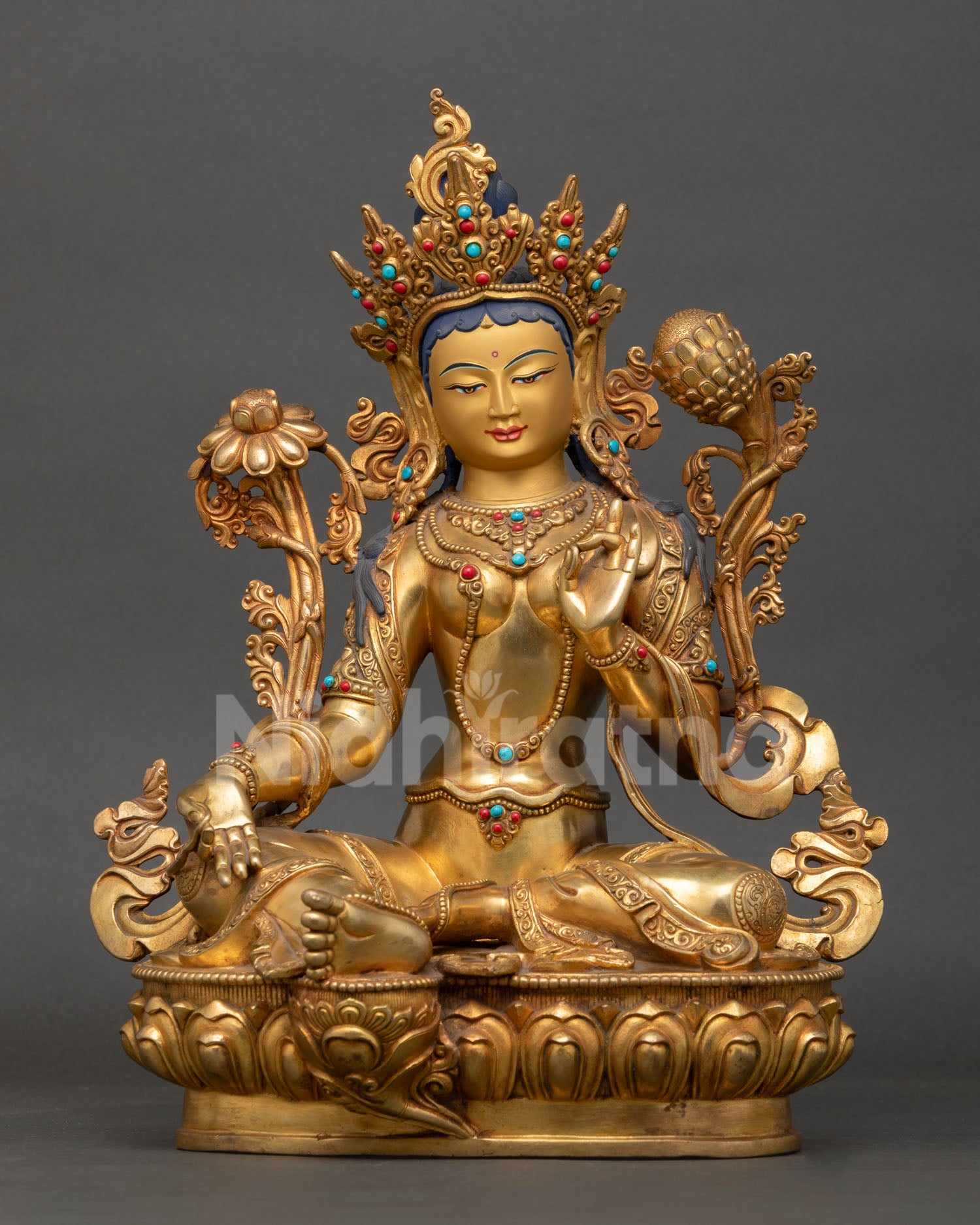 front view green tara statue seated on lotus with gold gilded copper finish