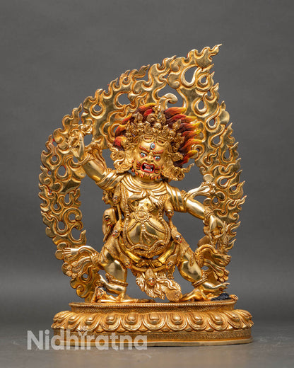Front view of Guru Dragpo statue wrathful Padmasambhava handcrafted Nepal copper gold fire gilded lotus seat
