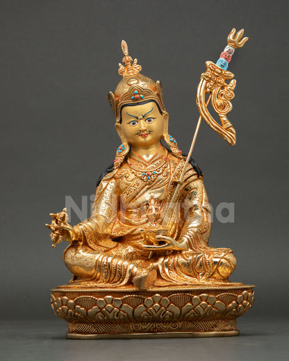 Front view of Guru Rinpoche statue, 24K gold fire gilded, Buddhist altar decor