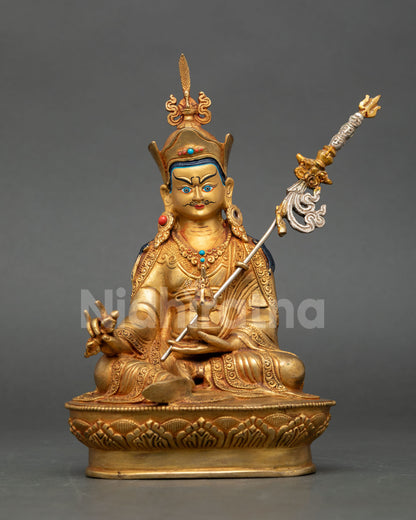 Front View of Guru Rinpoche Statue, Copper 24K Gold Gilded, Buddhist Master Sculpture from Nepal
