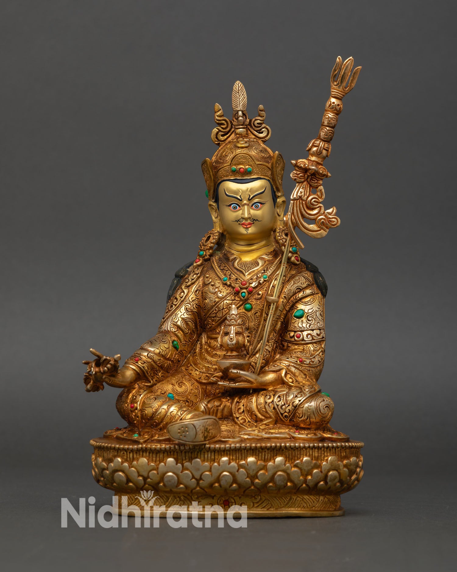 Front view Guru Rinpoche statue, copper gold painted face semi precious stones lotus throne, Buddhist art