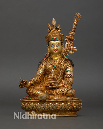 Front view Guru Rinpoche statue, copper gold painted face semi precious stones lotus throne, Buddhist art