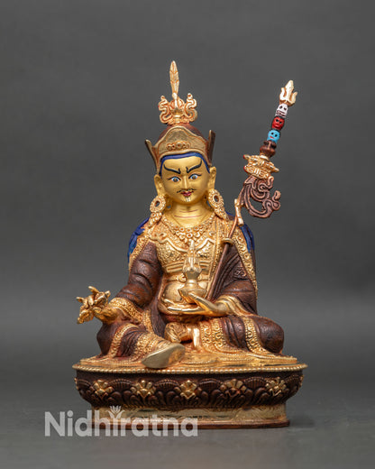 Front view Guru Rinpoche statue gold copper Padmasambhava Himalayan Buddhist art Nepal