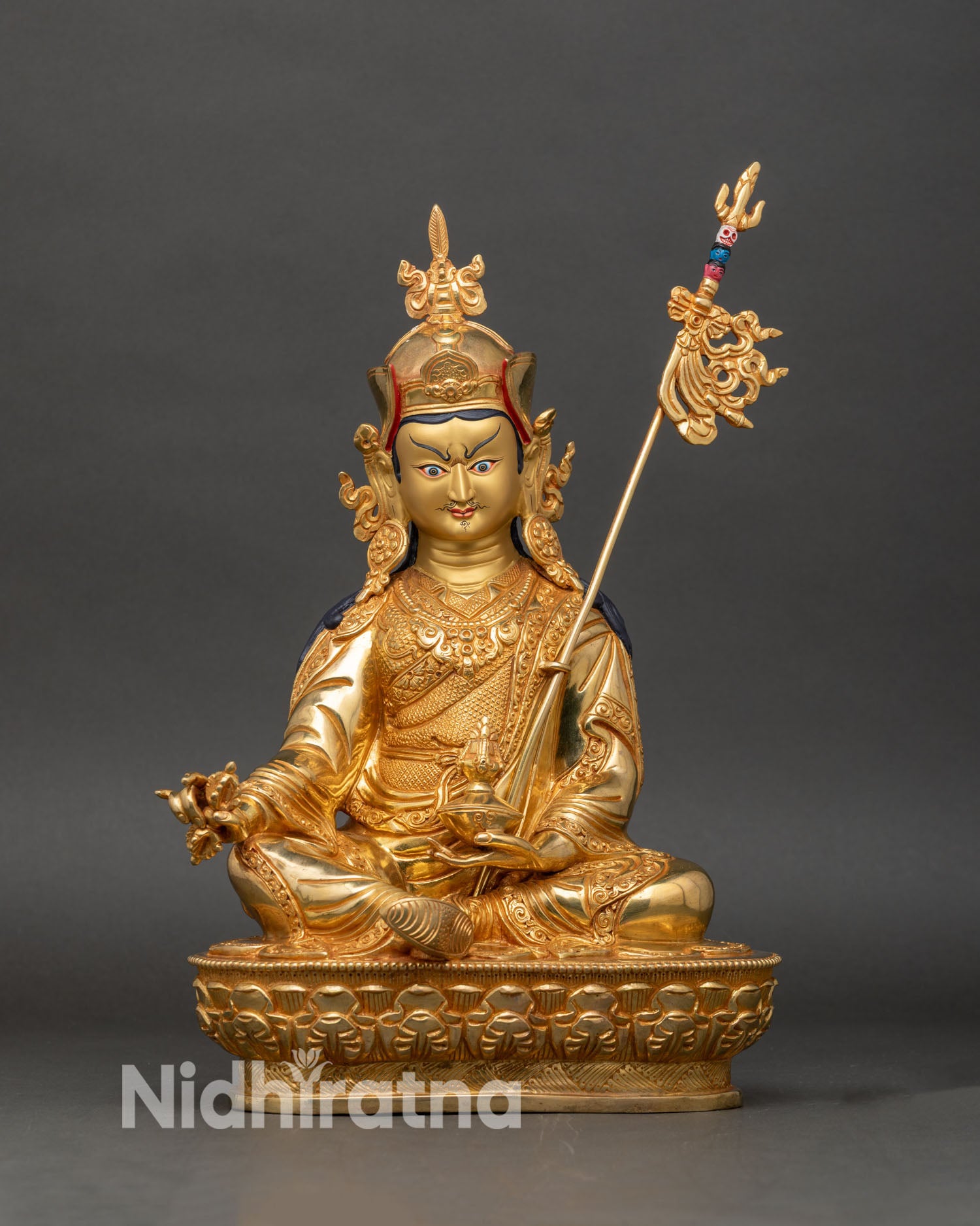Front view Guru Rinpoche statue handcrafted copper gold Buddhist sculpture