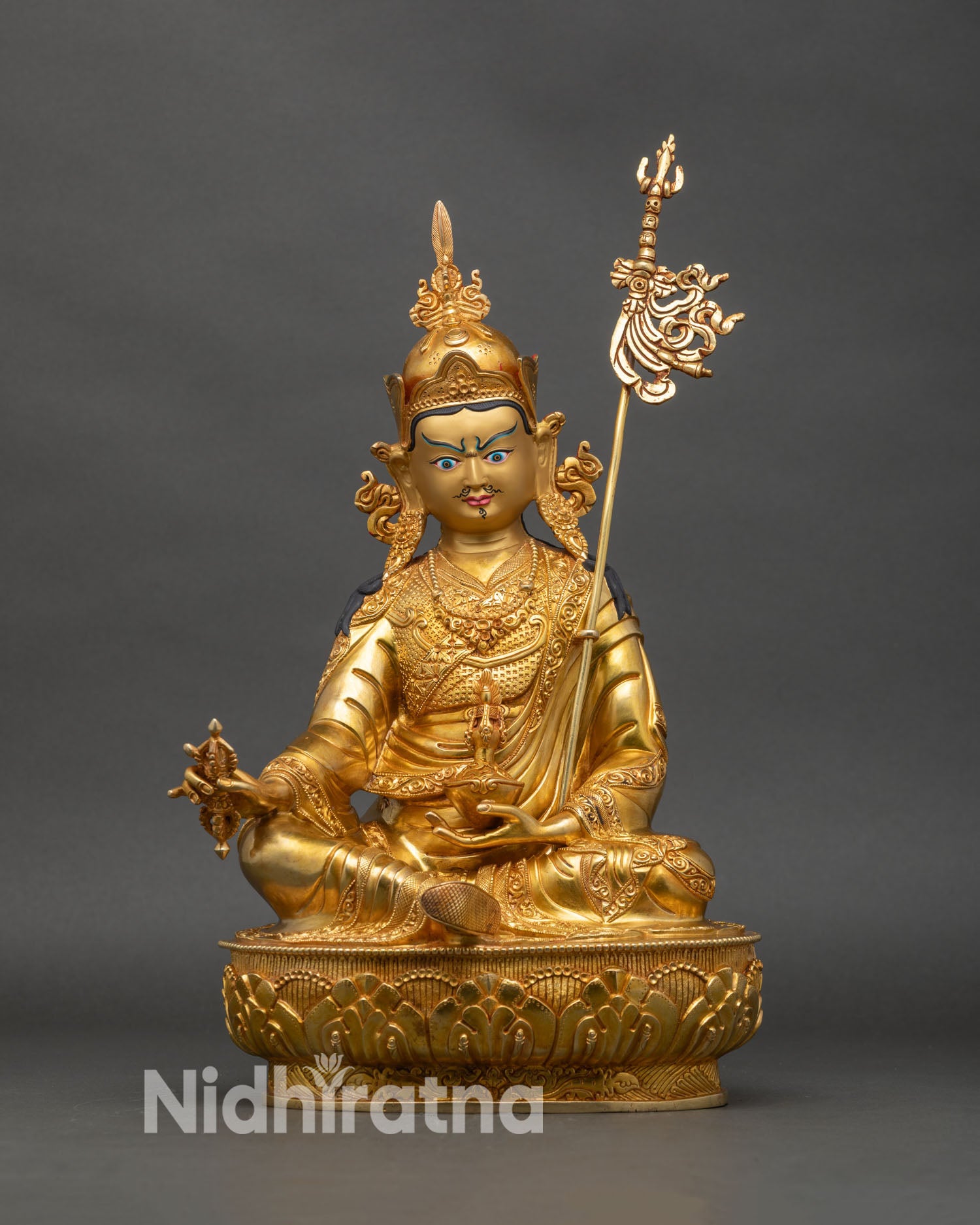 Front view Guru Rinpoche statue handcrafted copper gold-gilded Himalayan Buddhist art Nepal