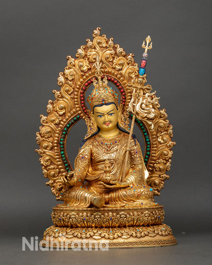 Front view of Guru Rinpoche statue handcrafted in copper and fire-gilded with gold