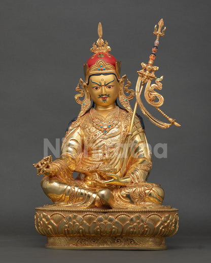 front view guru rinpoche statue, handcrafted copper padmasambhava sculpture nepal