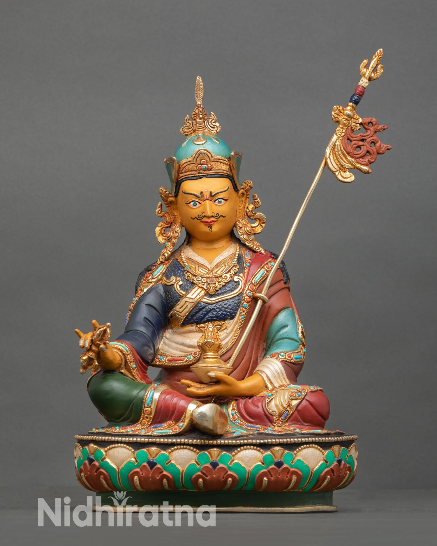 Front view of Guru Rinpoche statue handcrafted copper sculpture lost wax casting gold gilded details, Buddhist art lotus pedestal