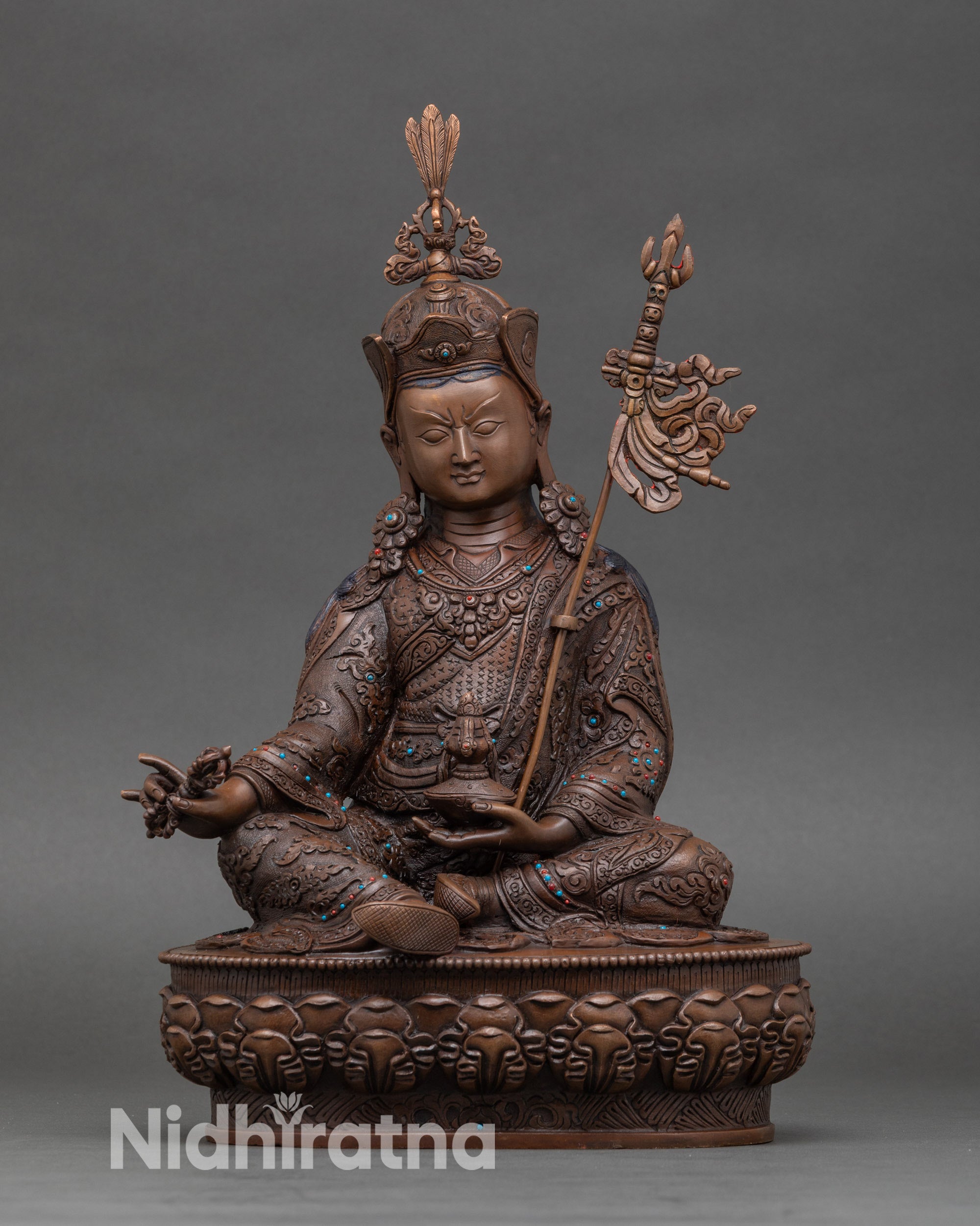 Front view of Guru Rinpoche statue, handcrafted Newari artisan Patan Nepal copper turquoise coral lotus pedestal