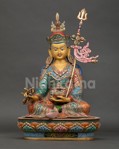 Front view of Guru Rinpoche Statue, handmade by Newari artist Nepal copper 24k gold face lotus throne