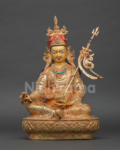 front view guru rinpoche statue padmasambhava copper 24k gold gilded nepal buddhist art