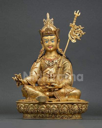 Front view of Guru Rinpoche statue with 24K gold gilding copper craftsmanship semi precious stone inlays Nepal