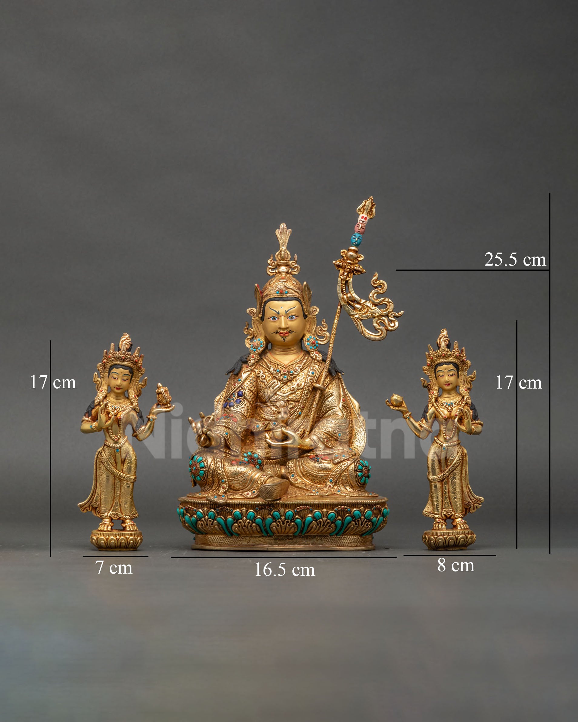 Front view of Guru Rinpoche with Yeshe Tsogyal and Mandarava, copper and gold fire-gilded