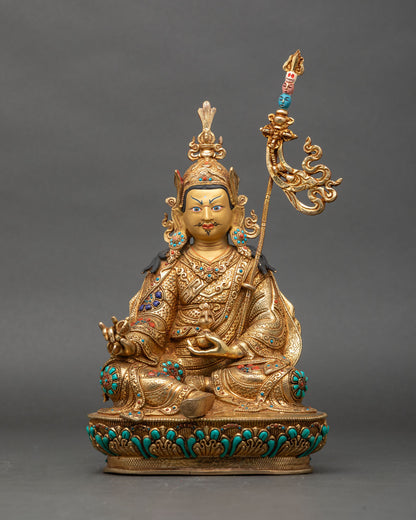 front-view-guru-rinpoche-yeshe-tsogyal-mandarava-copper-gold-fire-gilded