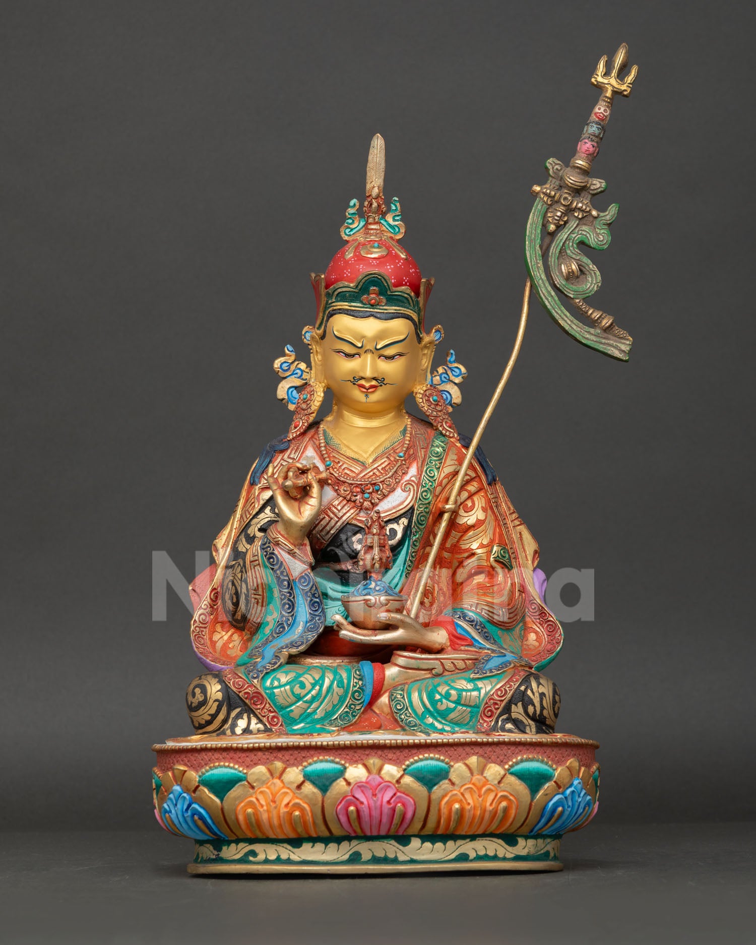 Front View of Guru Tsokye Dorje Statue, Copper, Acrylic Colors, Gold Gilded Face, Lotus-Born Vajra Master