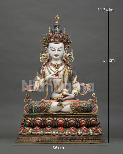 Front view of hand-cast Vajrasattva Statue with gold-gilded crown and vajra