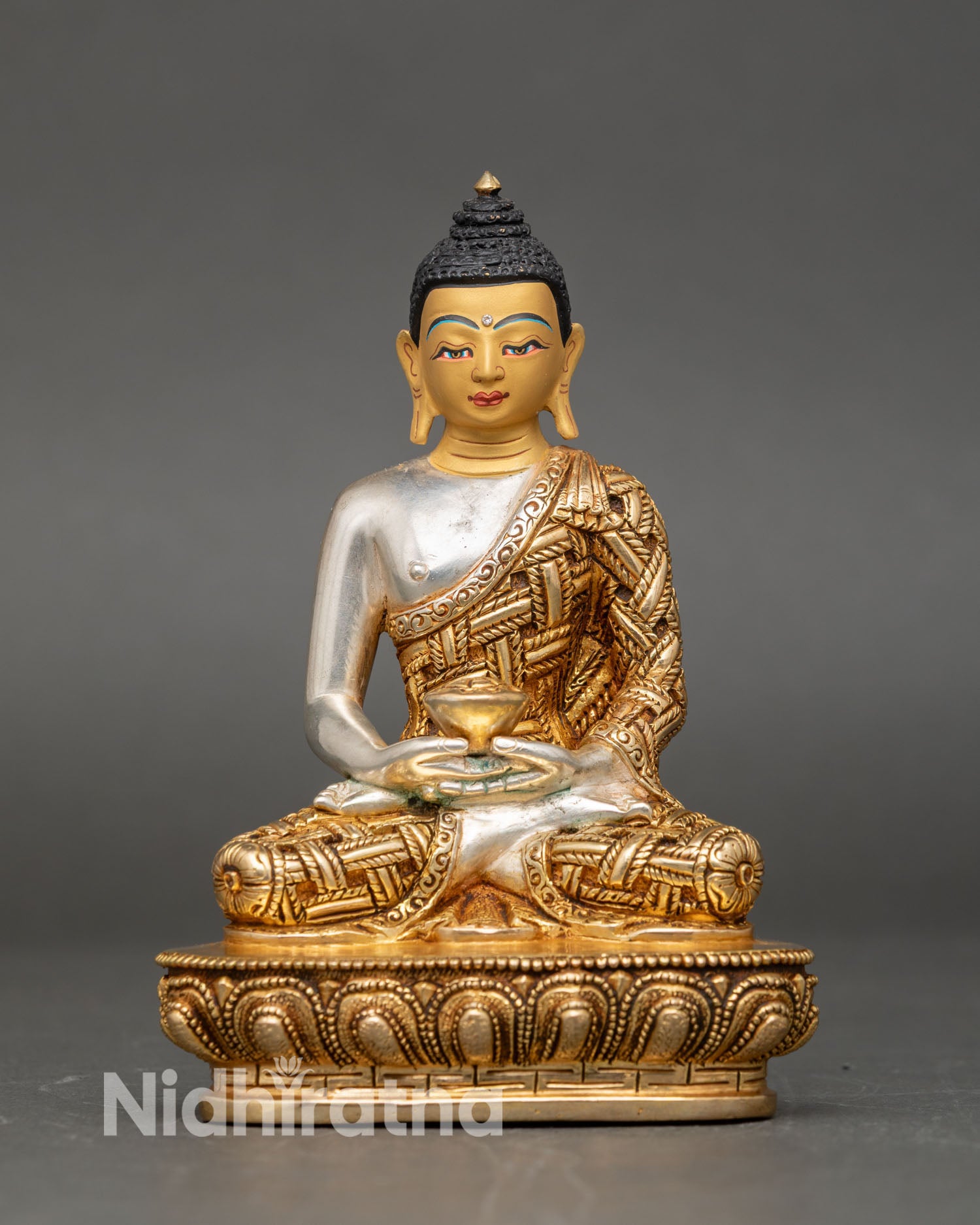 Front view Handcrafted Amitabha Buddha Statue silver-plated 24k gold meditation decor