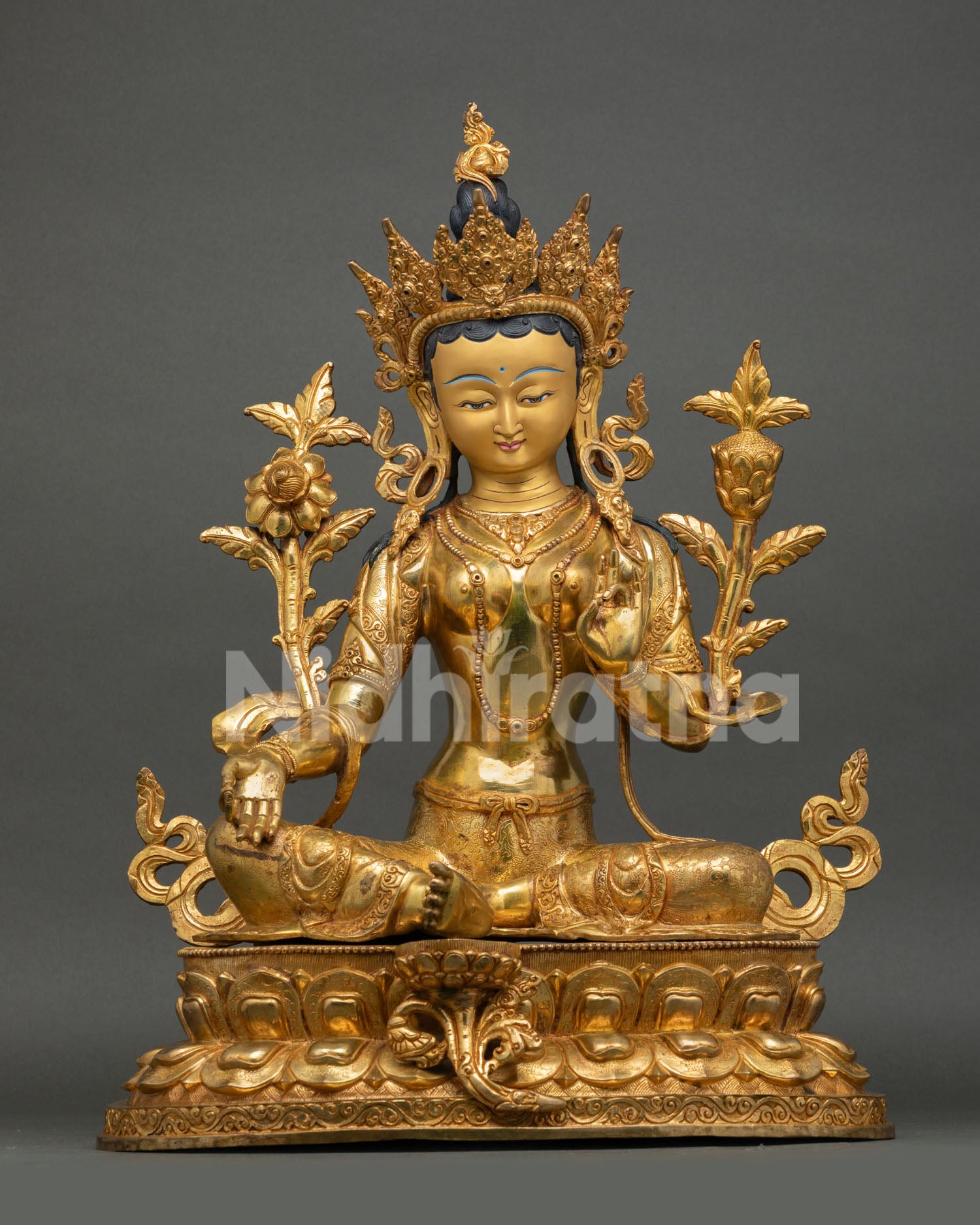 Front View of Green Tara Statue, handcrafted by Newari artisan from Patan, Nepal, copper with gold fire gilded finish