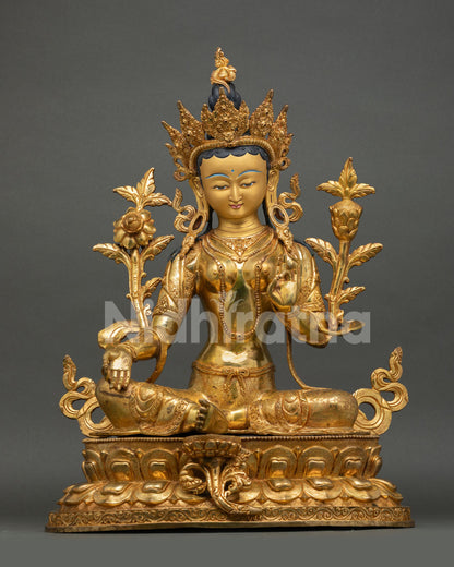 Front View of Green Tara Statue, handcrafted by Newari artisan from Patan, Nepal, copper with gold fire gilded finish