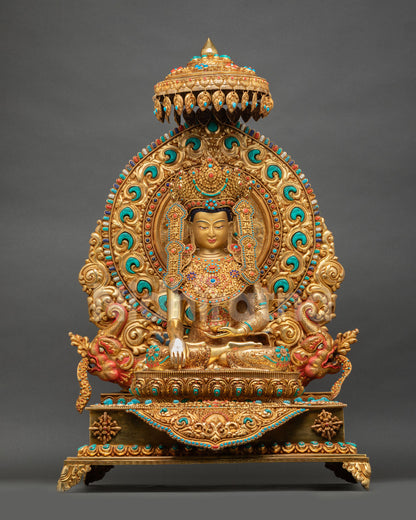 Front view of handcrafted Jowo Rinpoche Shakyamuni Buddha statue, copper alloy, gold gilding, fire-gilded base, ornate throne 