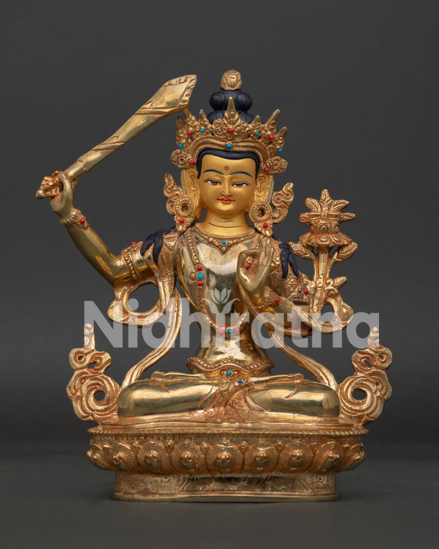Front View Handcrafted Manjushri Statue with 24K Gold Fire Gilding from Nepal