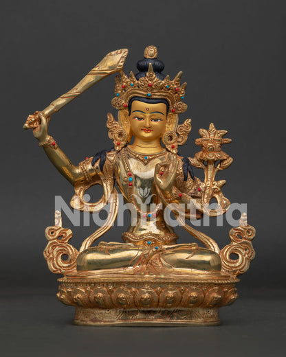 Front View Handcrafted Manjushri Statue with 24K Gold Fire Gilding from Nepal